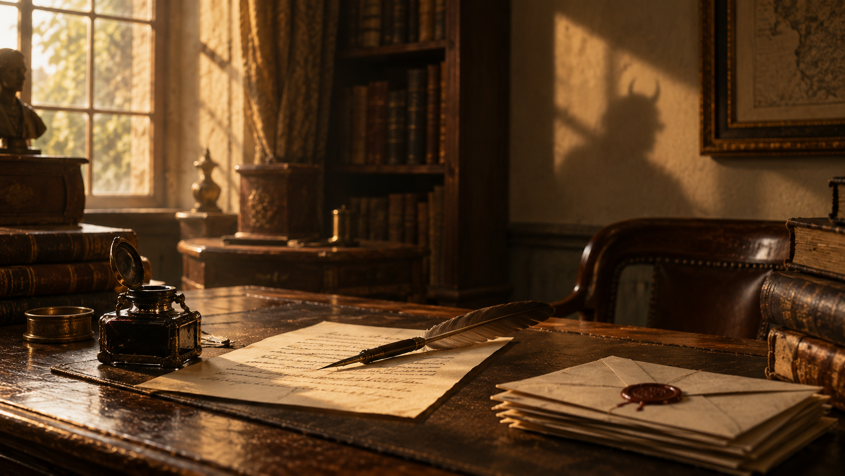 Un bureau d'étude à l'anglaise, encrier ouvert et lettre à peine achevée sous une plume d'oie ; au mur, l'ombre d'une silhouette à cornes se détache dans la lumière.